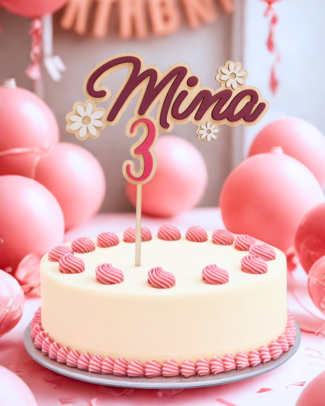 Caketopper / Schriftzug personalisiert mit Namen und Motiv, Blumen, Alter, Zahl, Holz, für Geburtstag oder Jubiläum, personalisierbar