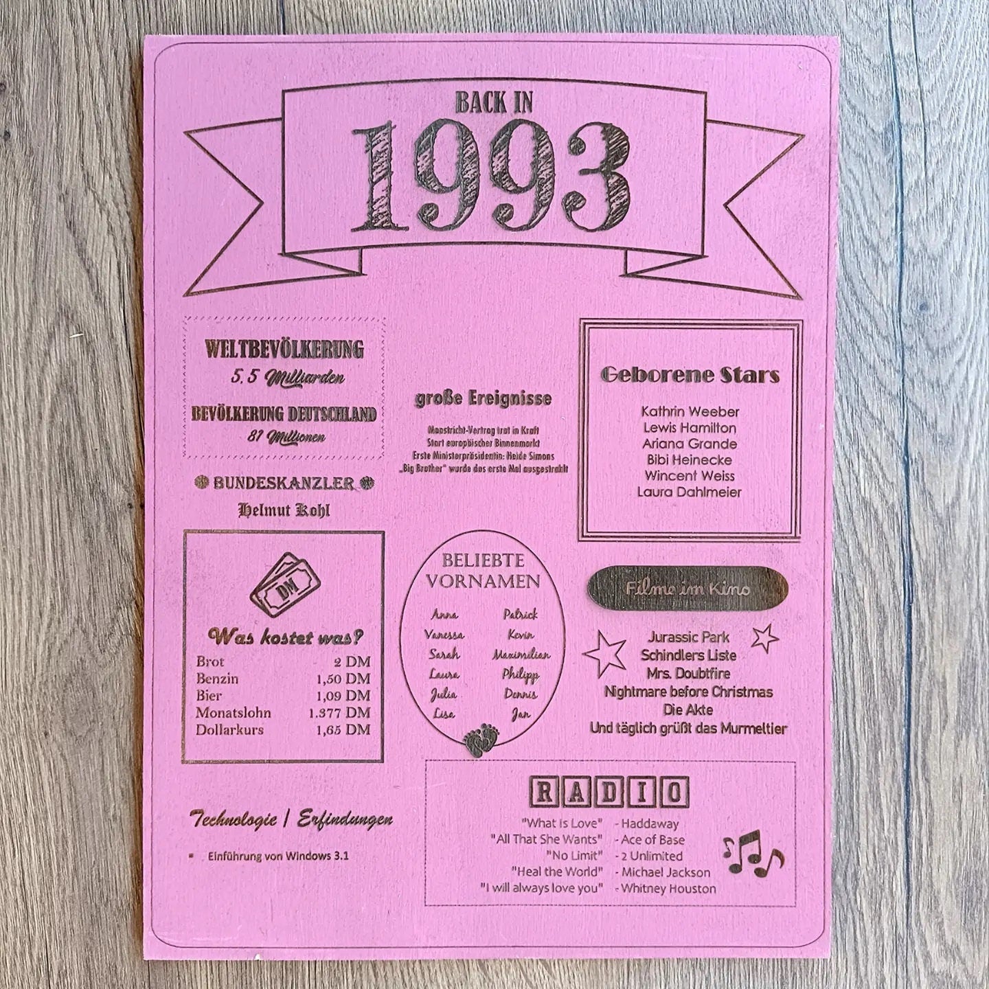 Retro Jahrgangsboard "Marty", mit den Preisen, Filmen, Musikcharts, uvm. von damals! Retroboard, Throw-Back, Rückblick, zum Geburtstag