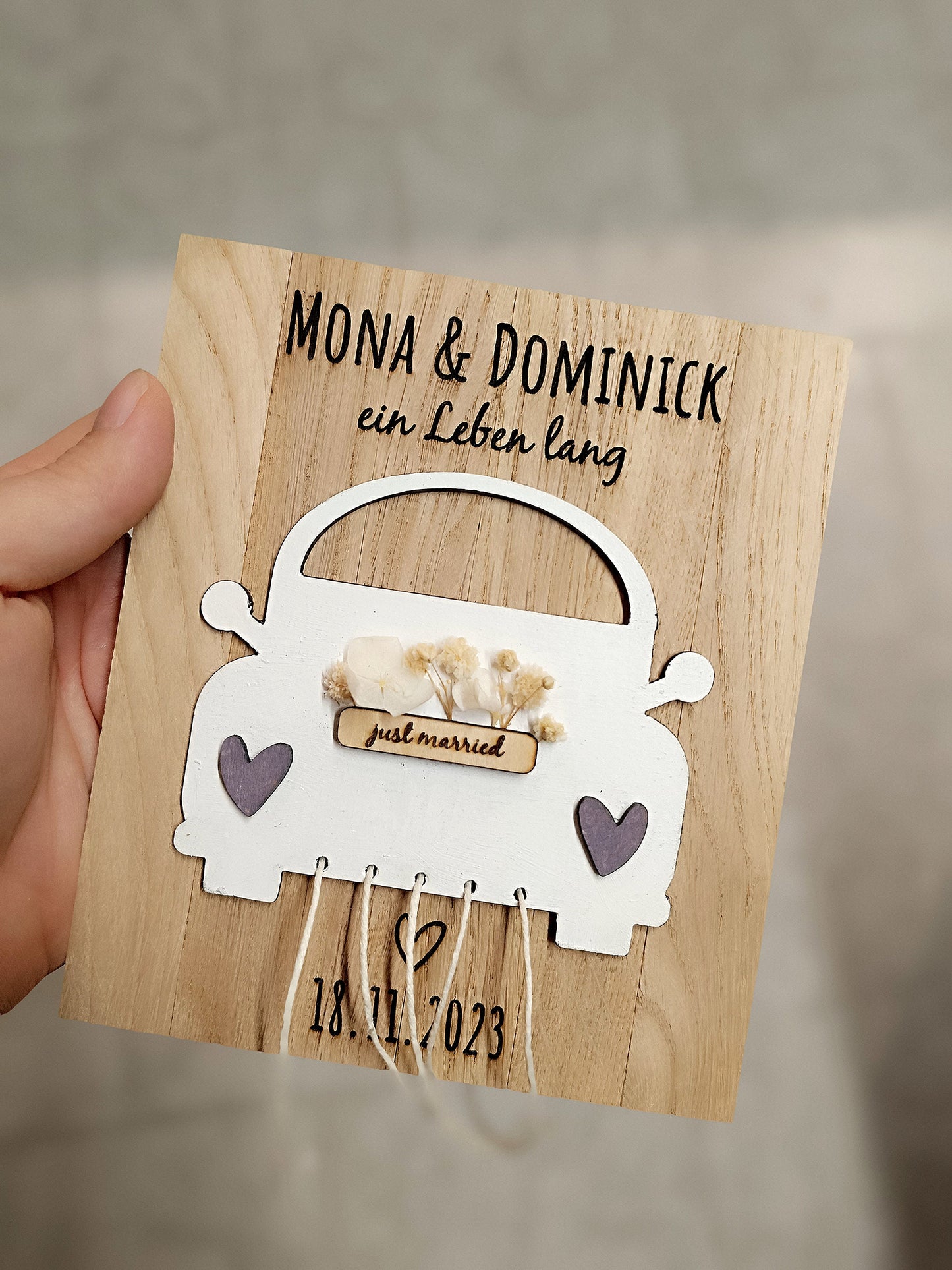 personalisiertes Geldgeschenk Auto / Dosen zur Hochzeit "Just married", mit Trockenblumen und Wunschtext, Hochzeitsdatum, Namen, Mitbringsel