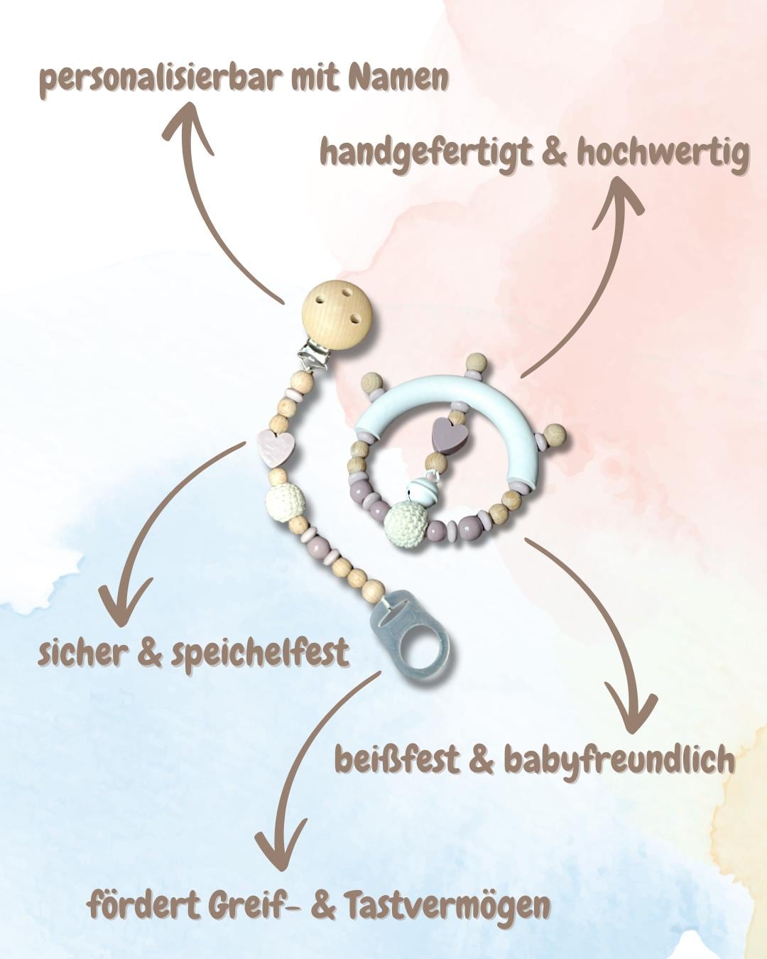 Schnullerketten-Set inkl. Greifling | personalisierbar mit Namen, Häkelperlen, Sterne, Herzen, zur Geburt, Babyparty, Taufe, Geburtsgeschenk