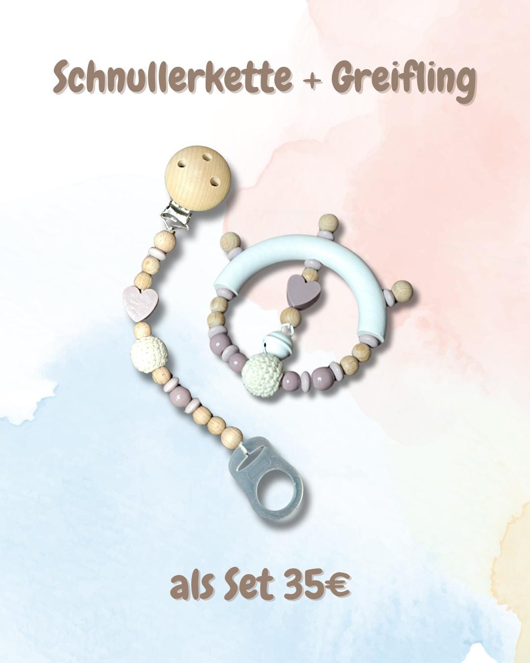 Schnullerketten-Set inkl. Greifling | personalisierbar mit Namen, Häkelperlen, Sterne, Herzen, zur Geburt, Babyparty, Taufe, Geburtsgeschenk