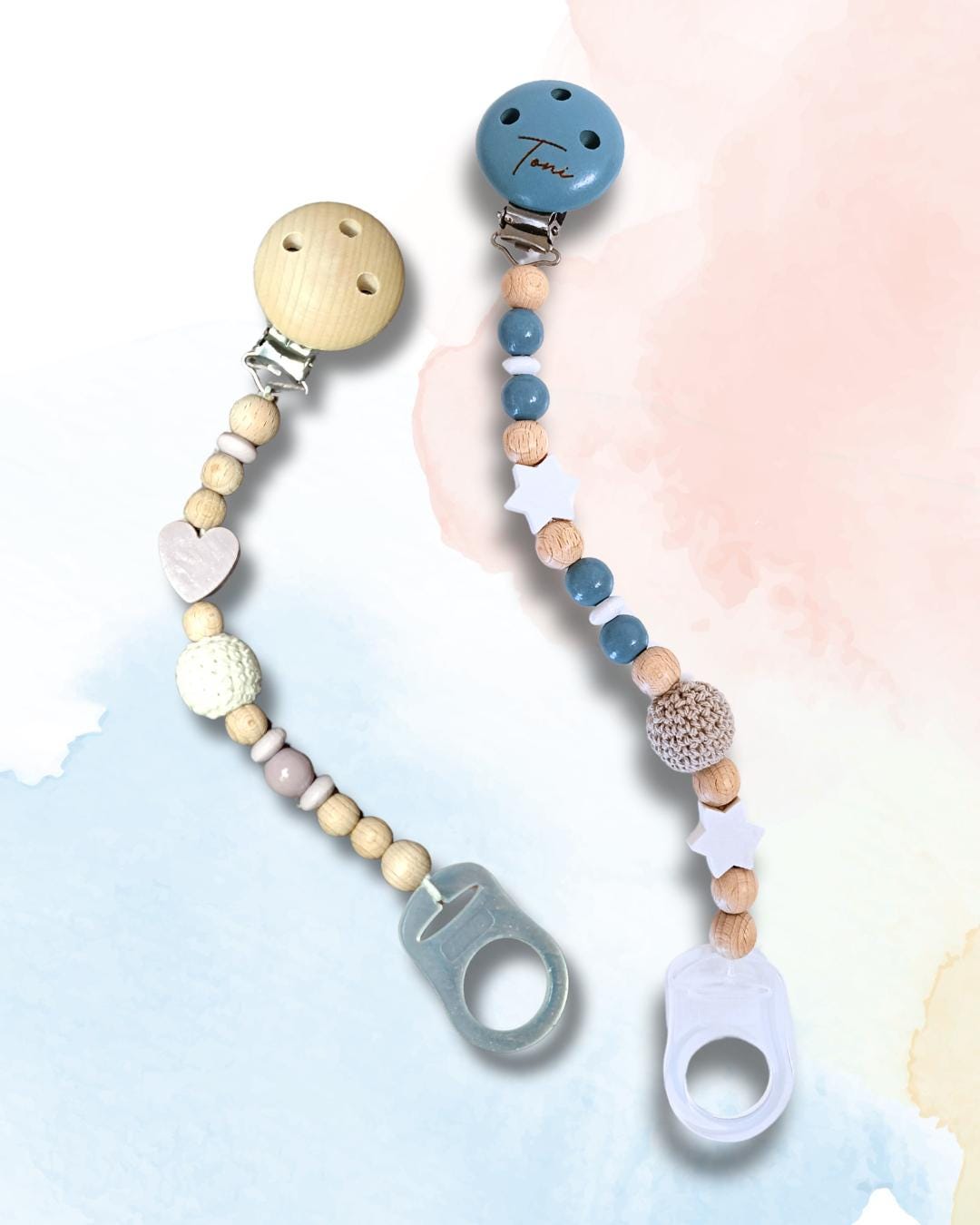 Schnullerketten-Set inkl. Greifling | personalisierbar mit Namen, Häkelperlen, Sterne, Herzen, zur Geburt, Babyparty, Taufe, Geburtsgeschenk