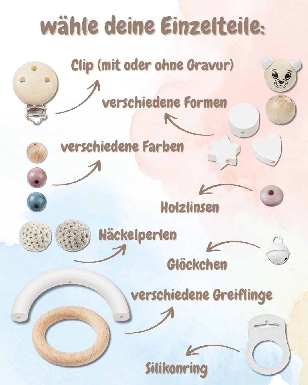 Schnullerketten-Set inkl. Greifling | personalisierbar mit Namen, Häkelperlen, Sterne, Herzen, zur Geburt, Babyparty, Taufe, Geburtsgeschenk