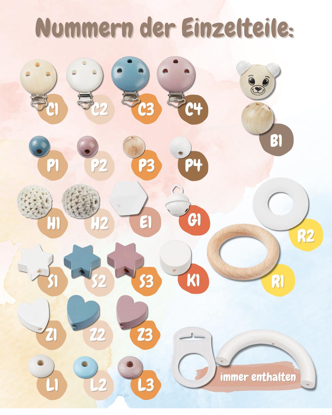 Schnullerketten-Set inkl. Greifling | personalisierbar mit Namen, Häkelperlen, Sterne, Herzen, zur Geburt, Babyparty, Taufe, Geburtsgeschenk