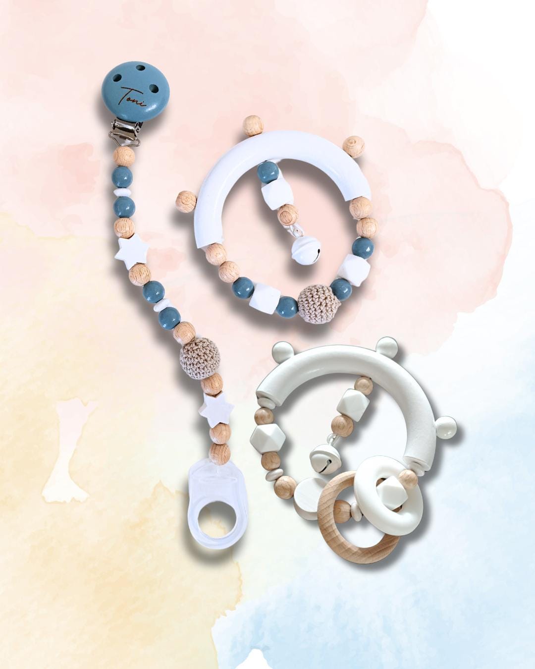 Schnullerketten-Set inkl. Greifling | personalisierbar mit Namen, Häkelperlen, Sterne, Herzen, zur Geburt, Babyparty, Taufe, Geburtsgeschenk