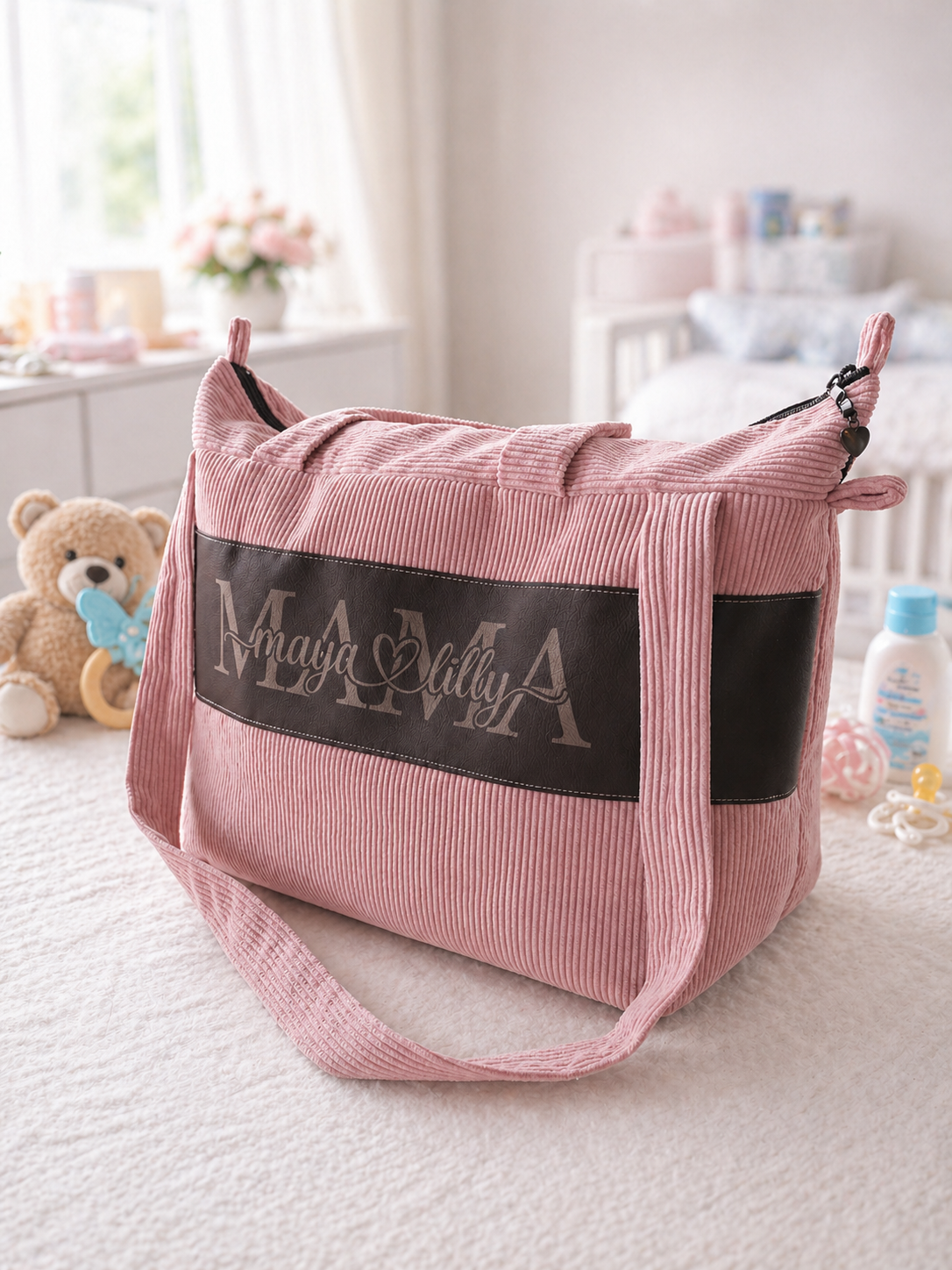 MABAG | Große Wickeltasche mit Wickelunterlage | personalisierte Mama Tasche | Cord Tasche wasserabweisend | Baby Tasche für Kinderwagen