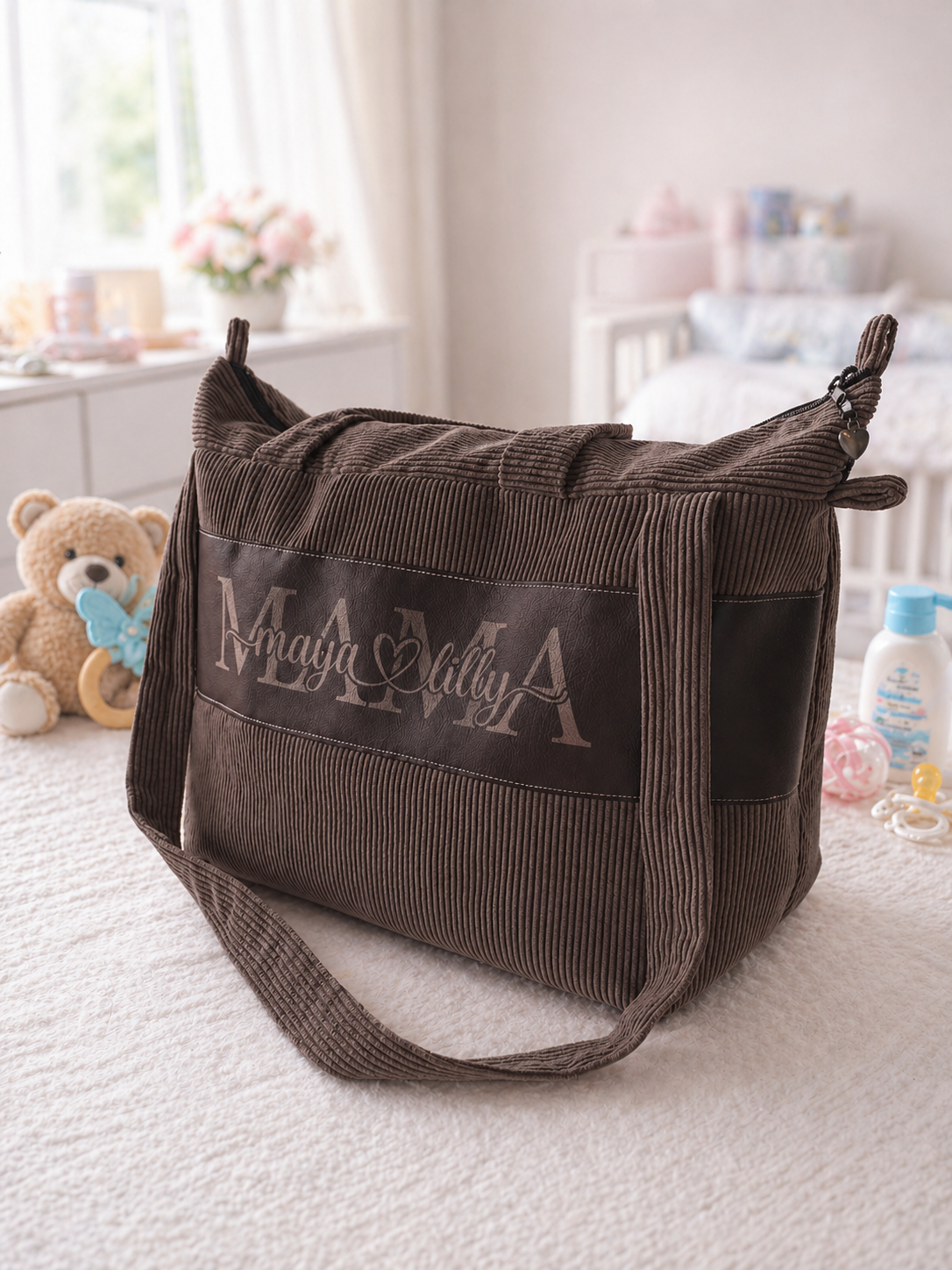 MABAG | Große Wickeltasche mit Wickelunterlage | personalisierte Mama Tasche | Cord Tasche wasserabweisend | Baby Tasche für Kinderwagen