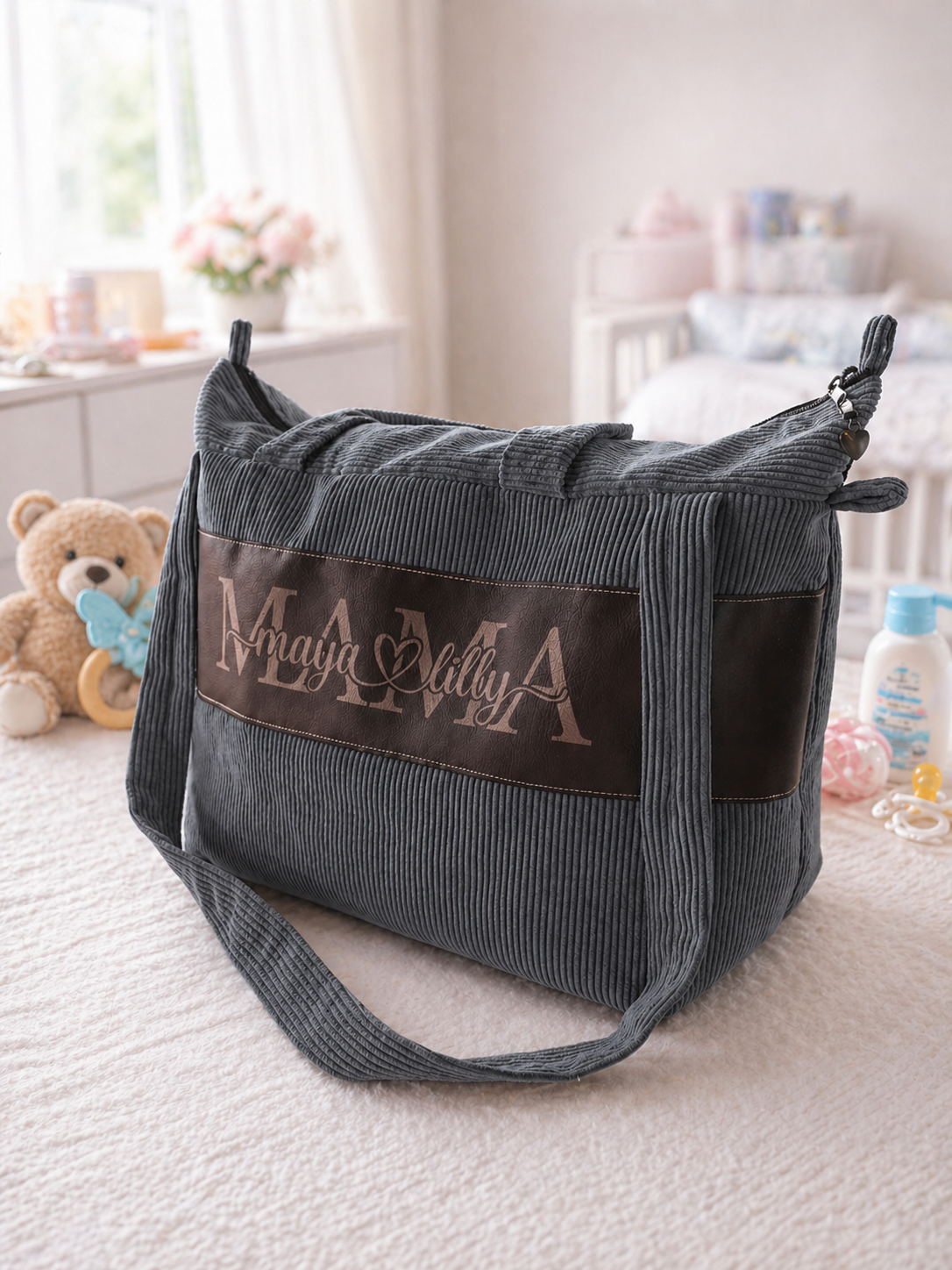 MABAG | Große Wickeltasche mit Wickelunterlage | personalisierte Mama Tasche | Cord Tasche wasserabweisend | Baby Tasche für Kinderwagen