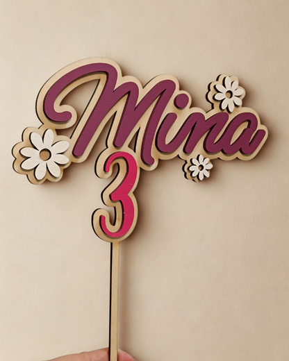 Caketopper / Schriftzug personalisiert mit Namen und Motiv, Blumen, Alter, Zahl, Holz, für Geburtstag oder Jubiläum, personalisierbar