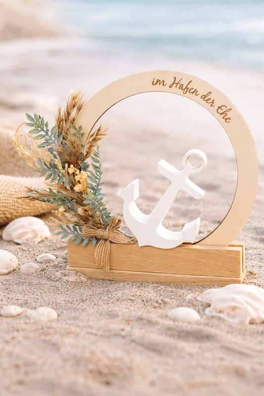 Maritimes Hochzeitsgeschenk „Im Hafen der Ehe“ – Deko Aufsteller mit Anker & Trockenblumen – personalisiertes Geschenk zur Hochzeit