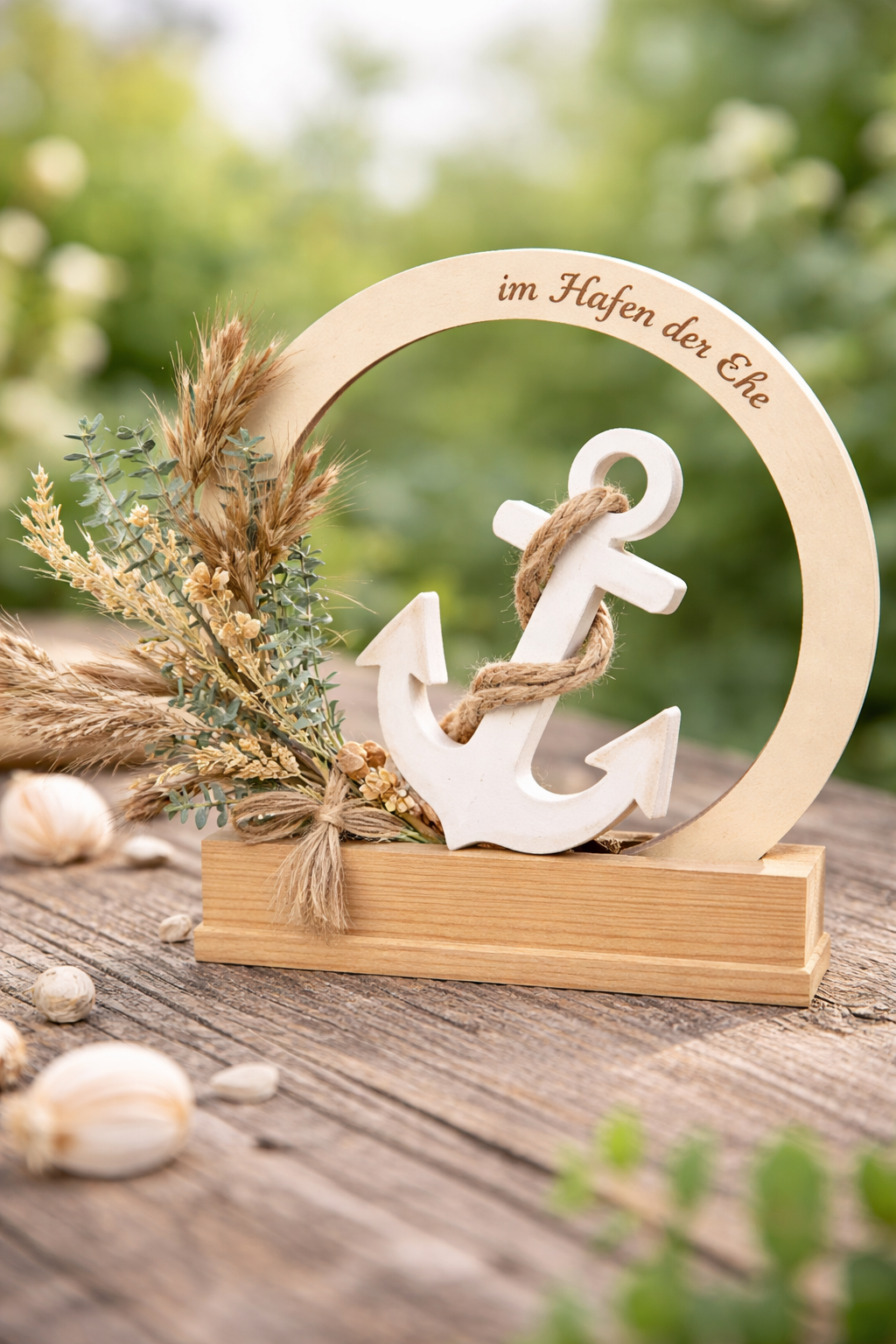 Maritimes Hochzeitsgeschenk „Im Hafen der Ehe“ – Deko Aufsteller mit Anker & Trockenblumen – personalisiertes Geschenk zur Hochzeit