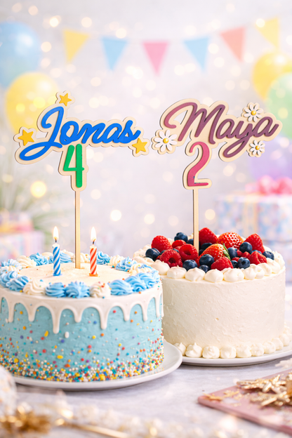 Caketopper / Schriftzug personalisiert mit Namen und Motiv, Blumen, Alter, Zahl, Holz, für Geburtstag oder Jubiläum, personalisierbar