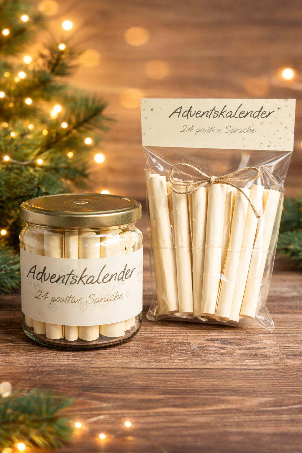 Adventskalender mit 24 Sprüchen – Humorvoll oder Positiv, im Glas oder Cellophanbeutel verpackt, Geschenkidee zur Adventszeit