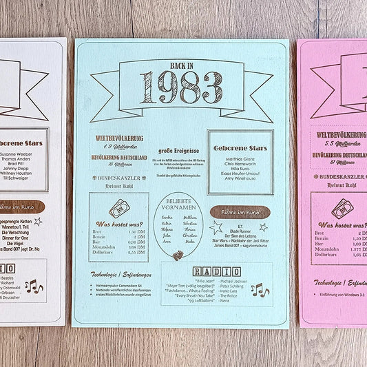Retro Jahrgangsboard &quot;Marty&quot;, mit den Preisen, Filmen, Musikcharts, uvm. von damals! Retroboard, Throw-Back, Rückblick, zum Geburtstag