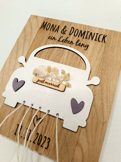 personalisiertes Geldgeschenk Auto / Dosen zur Hochzeit &quot;Just married&quot;, mit Trockenblumen und Wunschtext, Hochzeitsdatum, Namen, Mitbringsel