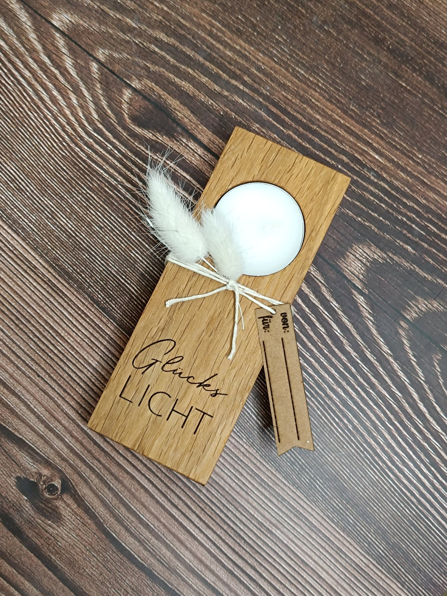 Glückslicht, Teelichthalter mit Aussparung für Zündholzschachtel / Streichholzschachtel, mit Personalisierung / Wunschtext, als Mitbringsel