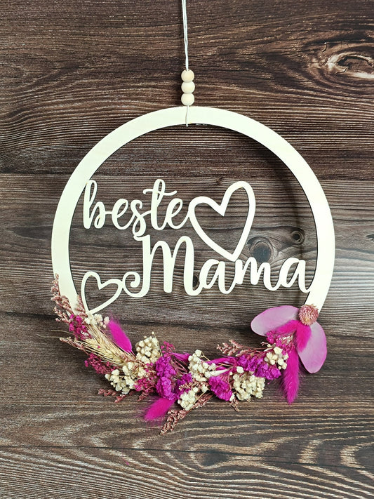 Muttertagsgeschenk beste Mama, beste Oma, mit Trockenblumen, als Mitbringsel oder kleine Aufmerksamkeit, Personalisierung, Türkranz