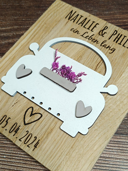 personalisiertes Geldgeschenk Auto / Dosen zur Hochzeit &quot;Just married&quot;, mit Trockenblumen und Wunschtext, Hochzeitsdatum, Namen, Mitbringsel