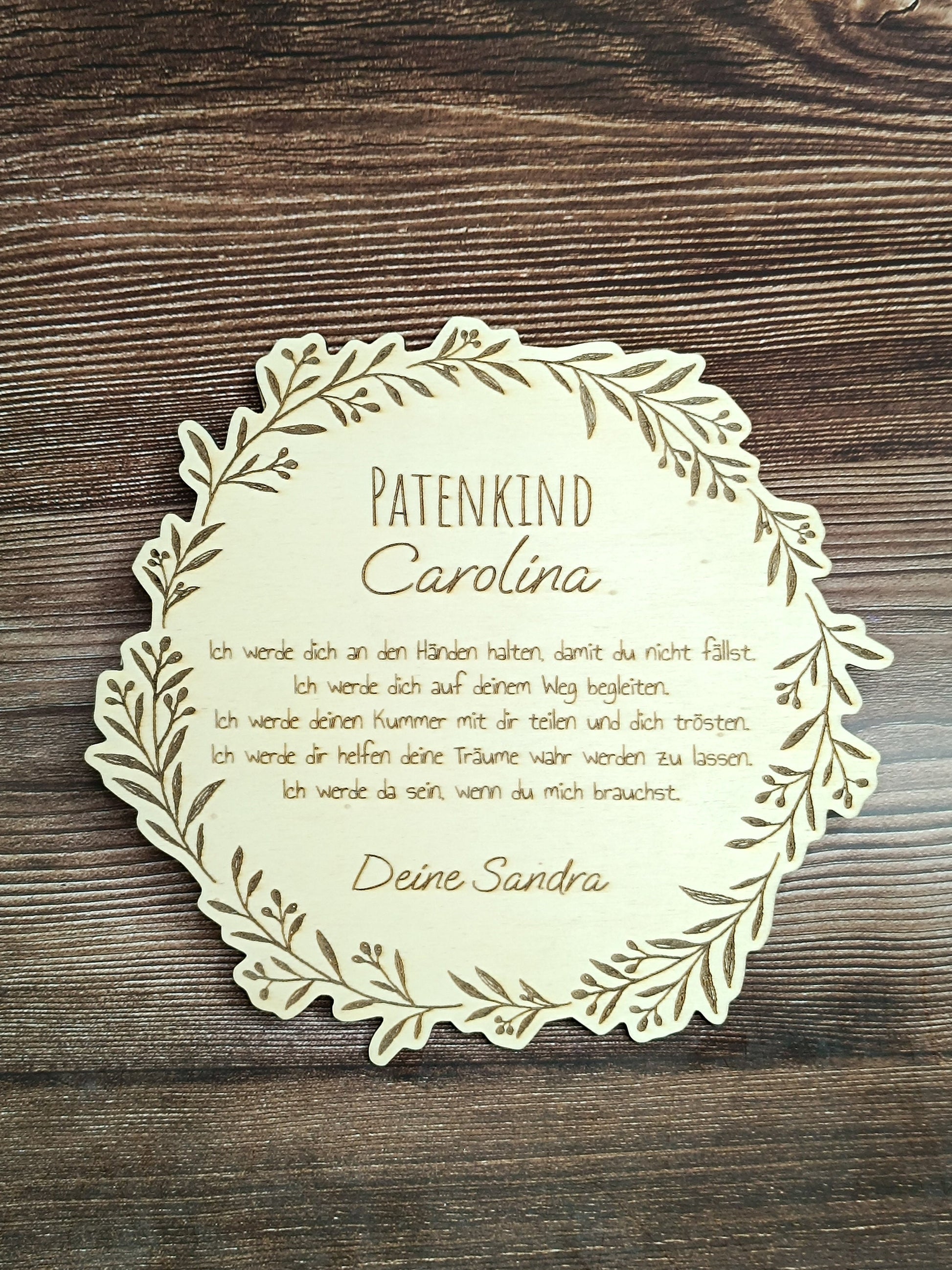 Taufgeschenk für Patenkind aus Holz, mit Blumenkranzmotiv, Wunschtext, personalisierbar, Vorname, Patenonkel, Patentante