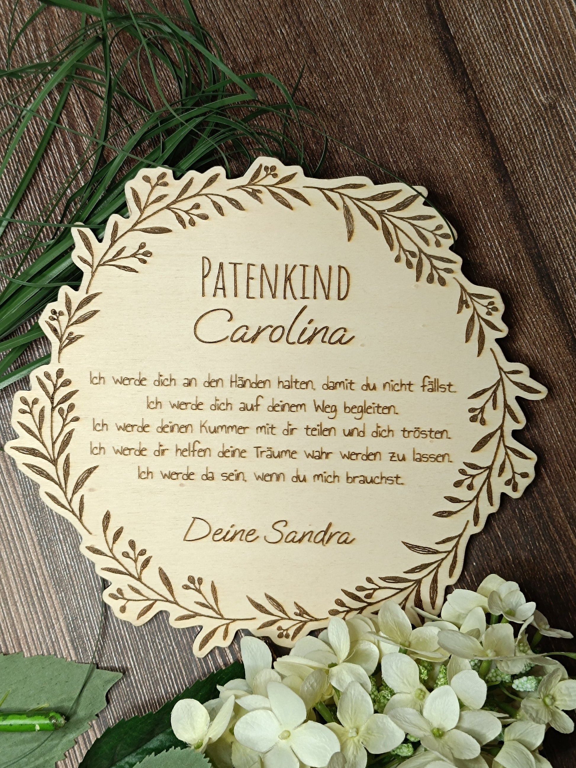 Taufgeschenk für Patenkind aus Holz, mit Blumenkranzmotiv, Wunschtext, personalisierbar, Vorname, Patenonkel, Patentante