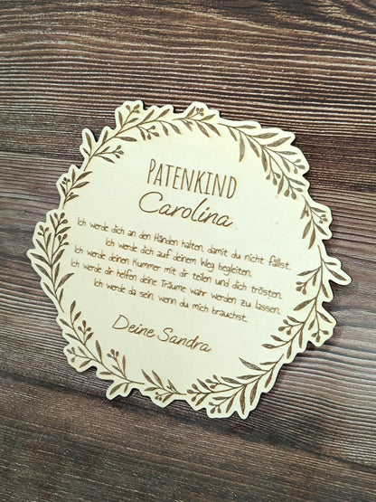 Taufgeschenk für Patenkind aus Holz, mit Blumenkranzmotiv, Wunschtext, personalisierbar, Vorname, Patenonkel, Patentante