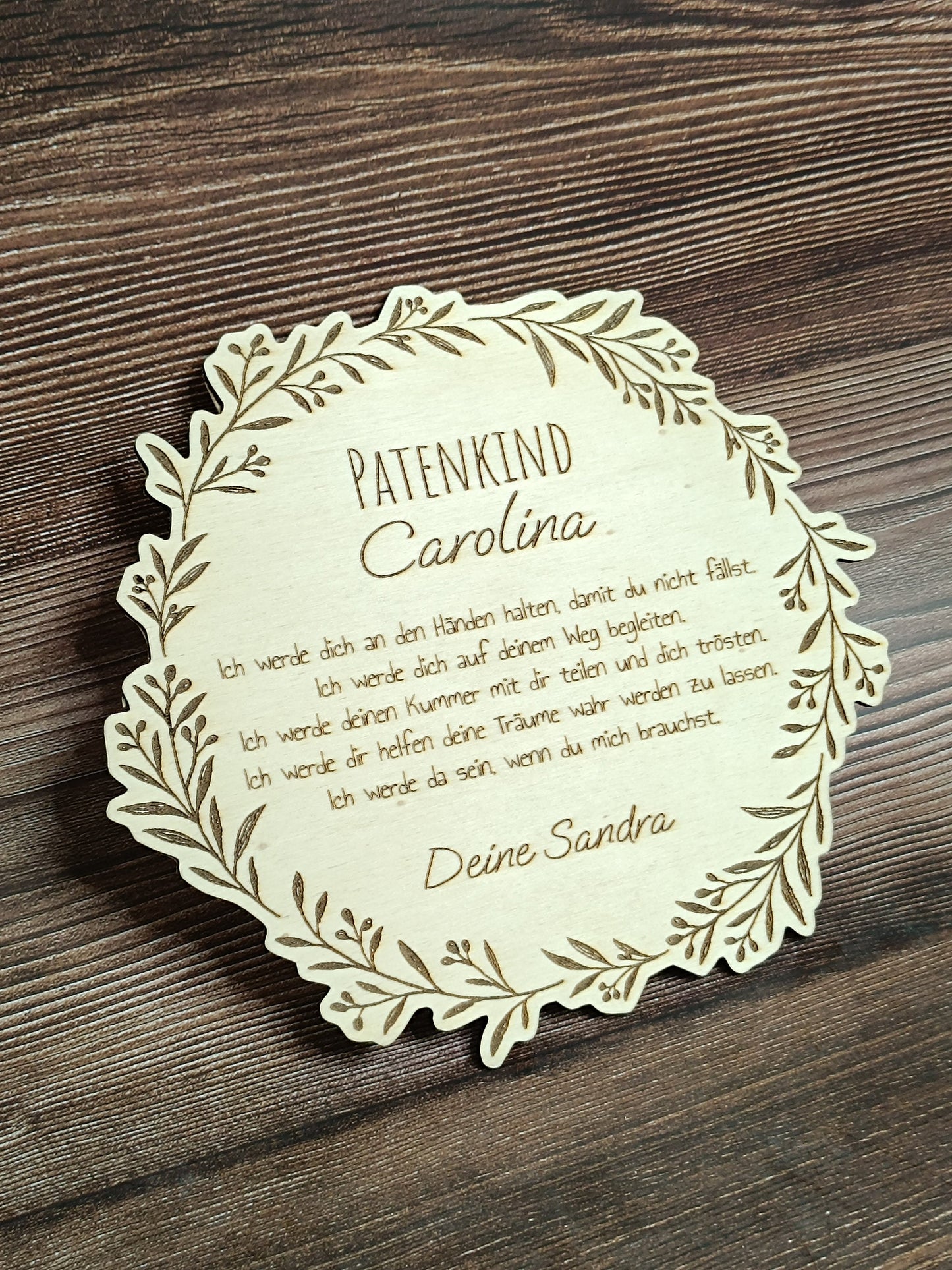 Taufgeschenk für Patenkind aus Holz, mit Blumenkranzmotiv, Wunschtext, personalisierbar, Vorname, Patenonkel, Patentante