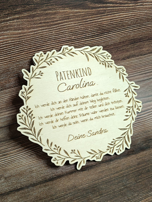 Taufgeschenk für Patenkind aus Holz, mit Blumenkranzmotiv, Wunschtext, personalisierbar, Vorname, Patenonkel, Patentante