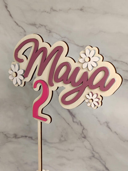 Caketopper / Schriftzug personalisiert mit Namen und Motiv, Blumen, Alter, Zahl, Holz, für Geburtstag oder Jubiläum, personalisierbar