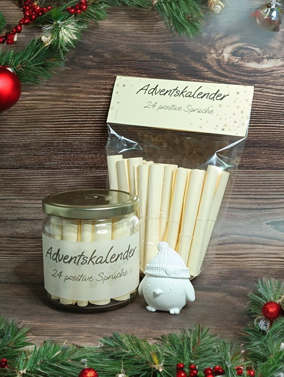 Adventskalender mit 24 Sprüchen – Humorvoll oder Positiv, In Glas oder Cellophanbeutel verpackt, Geschenkidee zur Adventszeit