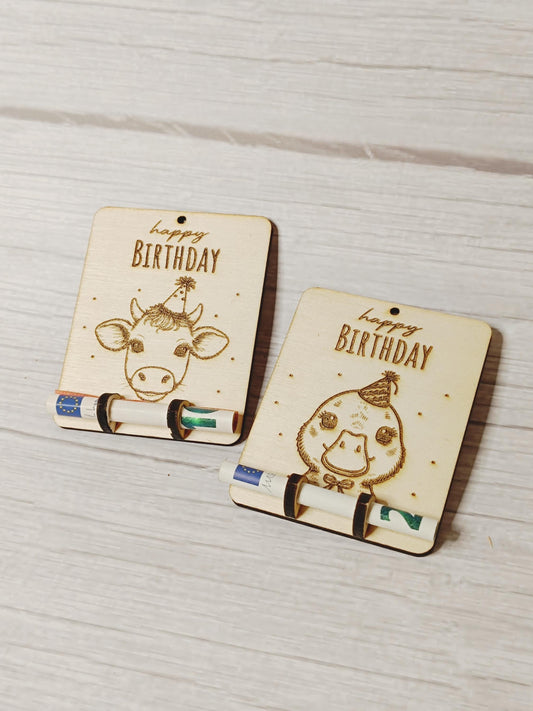 Personalisierter Holz Geldgeschenkanhänger mit Motiven – Nilpferd, Ente, Kuh, Monster, Roboter, Dino – Geschenkidee, Mitbringsel, Geburtstag