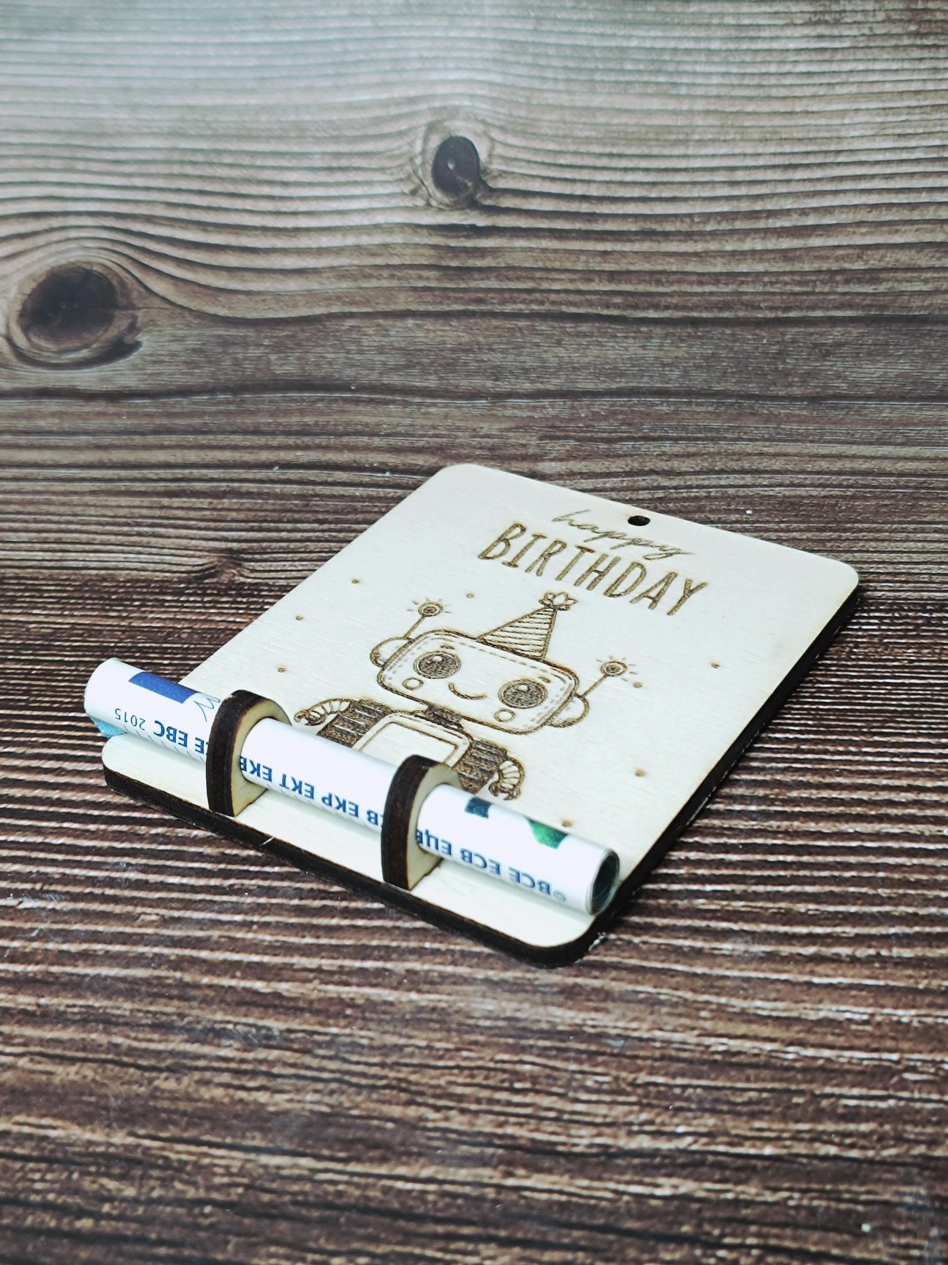 Personalisierter Holz Geldgeschenkanhänger mit Motiven – Nilpferd, Ente, Kuh, Monster, Roboter, Dino – Geschenkidee, Mitbringsel, Geburtstag