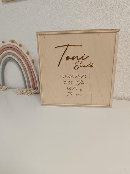 Memory-Box I Erinnerungskiste I Personalisierbar I Wunschmotiv I Name I Baby I Hochzeit I Taufe I Holzkiste mit Schiebedeckel I Babyshower