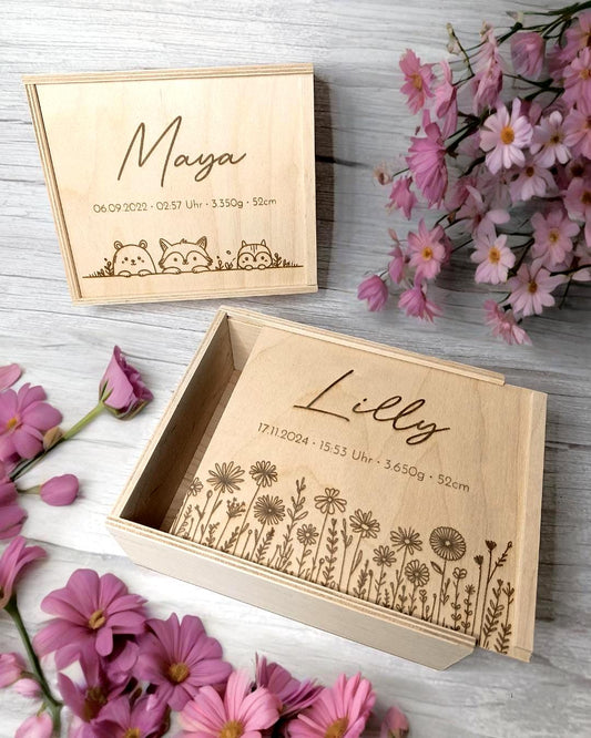 Memory-Box I Erinnerungskiste I Personalisierbar I Wunschmotiv I Name I Baby I Hochzeit I Taufe I Holzkiste mit Schiebedeckel I Babyshower