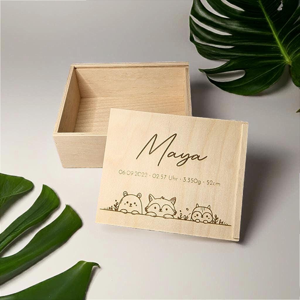 Memory-Box I Erinnerungskiste I Personalisierbar I Wunschmotiv I Name I Baby I Hochzeit I Taufe I Holzkiste mit Schiebedeckel I Babyshower