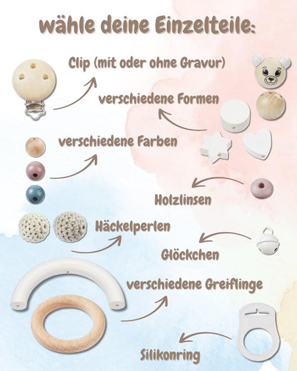 Schnullerketten-Set inkl. Greifling | personalisierbar mit Namen, Häkelperlen, Sterne, Herzen, zur Geburt, Babyparty, Taufe, Geburtsgeschenk