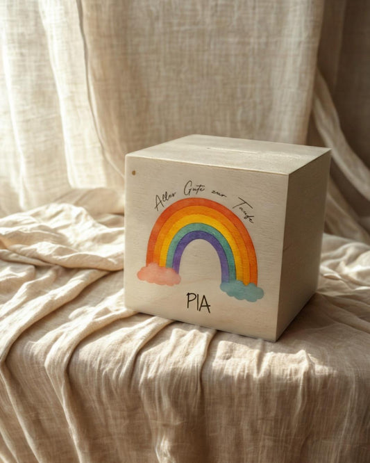 Personalisierte Spardose zur Taufe, Geburt, Hochzeit, Einschulung aus Holz – Geschenk mit Namen & Text individualisierbar, Wunschtext