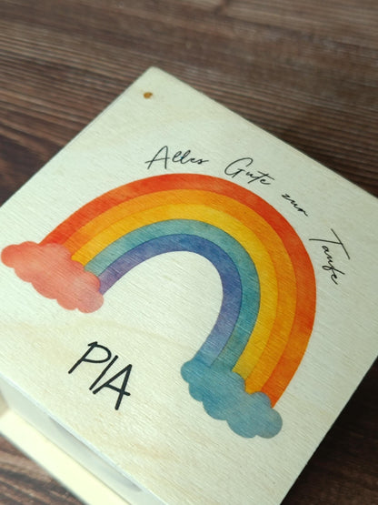 Personalisierte Spardose zur Taufe, Geburt, Hochzeit, Einschulung aus Holz – Geschenk mit Namen & Text individualisierbar, Wunschtext