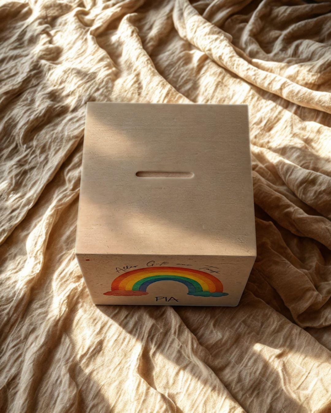 Personalisierte Spardose zur Taufe, Geburt, Hochzeit, Einschulung aus Holz – Geschenk mit Namen & Text individualisierbar, Wunschtext