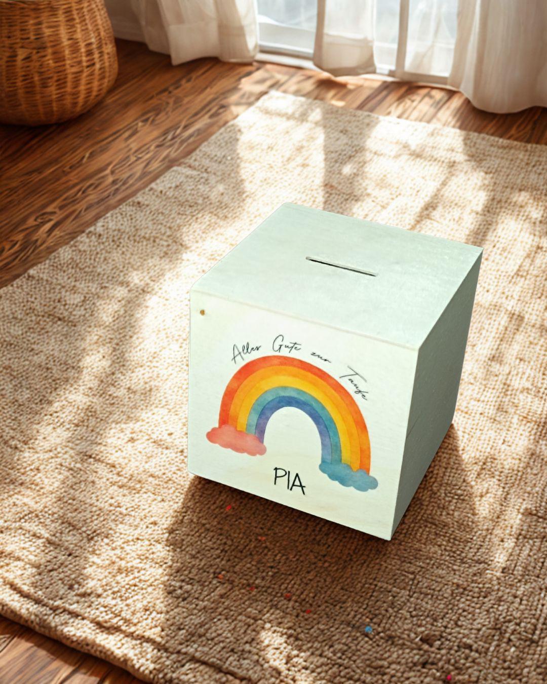 Personalisierte Spardose zur Taufe, Geburt, Hochzeit, Einschulung aus Holz – Geschenk mit Namen & Text individualisierbar, Wunschtext