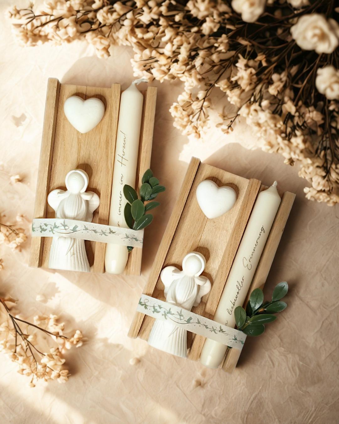 Geschenkverpackung / Geschenkidee mit Engel und personalisierte Kerze mit Wunschtext, als Mitbringsel, kleines Geschenk, Trauer, Kommunion