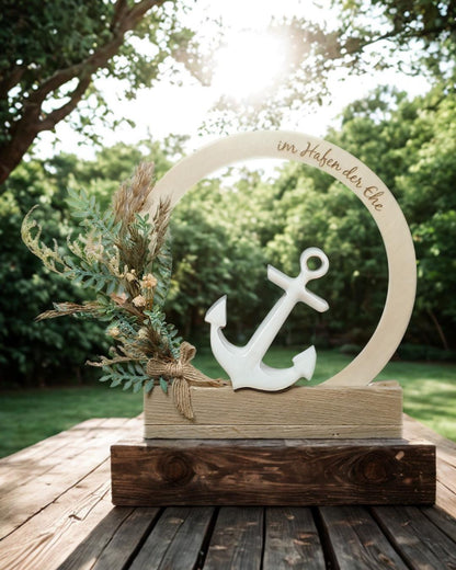Maritimes Hochzeitsgeschenk „Im Hafen der Ehe“ – Deko Aufsteller mit Anker & Trockenblumen – personalisiertes Geschenk zur Hochzeit