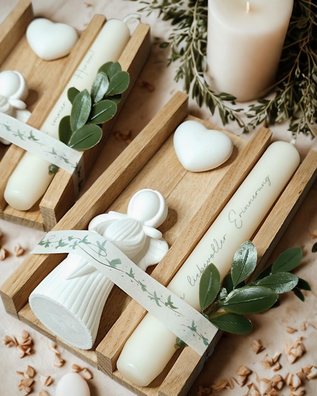 Geschenkverpackung / Geschenkidee mit Engel und personalisierte Kerze mit Wunschtext, als Mitbringsel, kleines Geschenk, Trauer, Kommunion