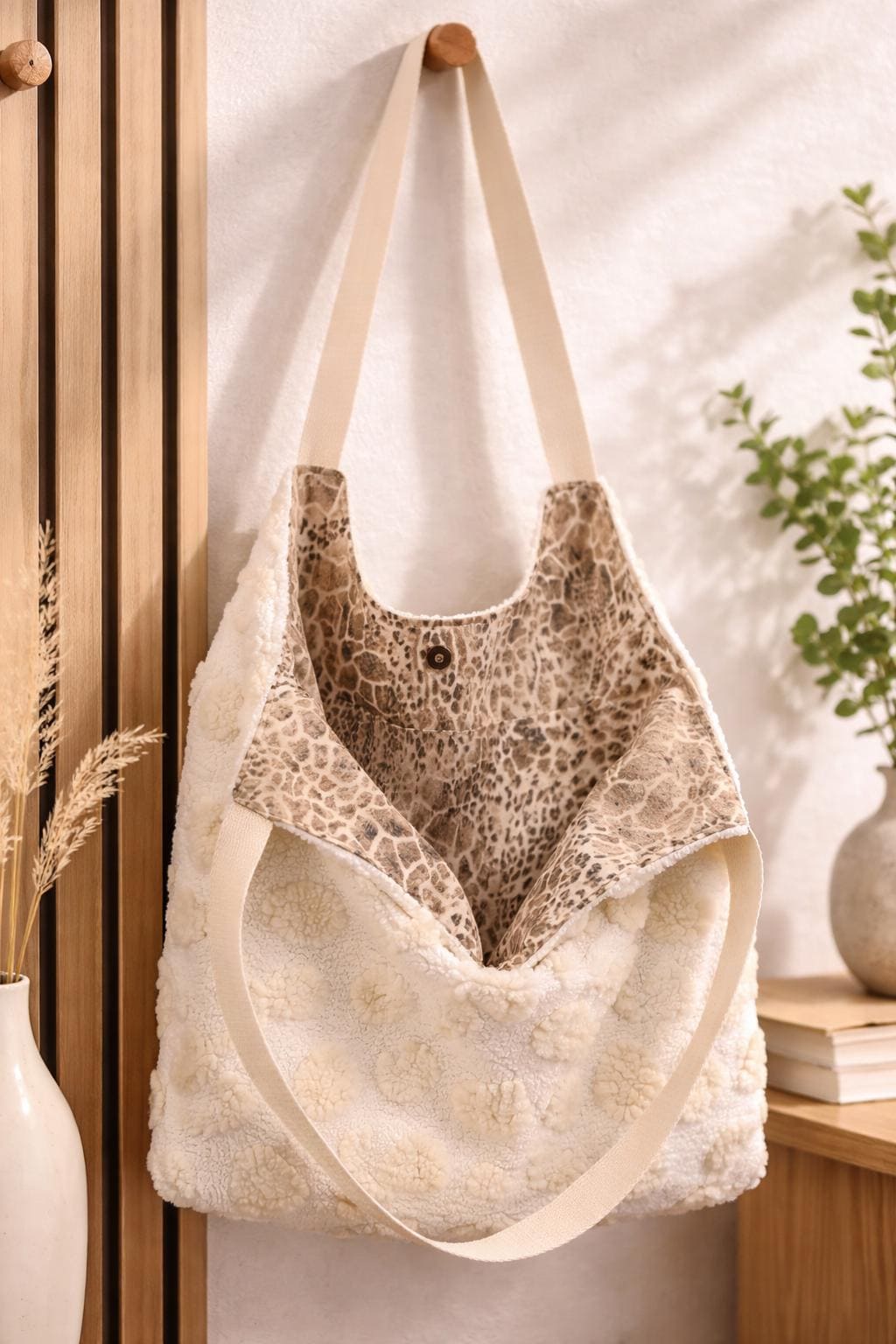 Teddybag | Große Stofftasche mit Innenfach | Teddy Tasche Damen Leo Shopper Handmade | Kuschelige Sherpa Bag Beige Leopard | Umhängetasche