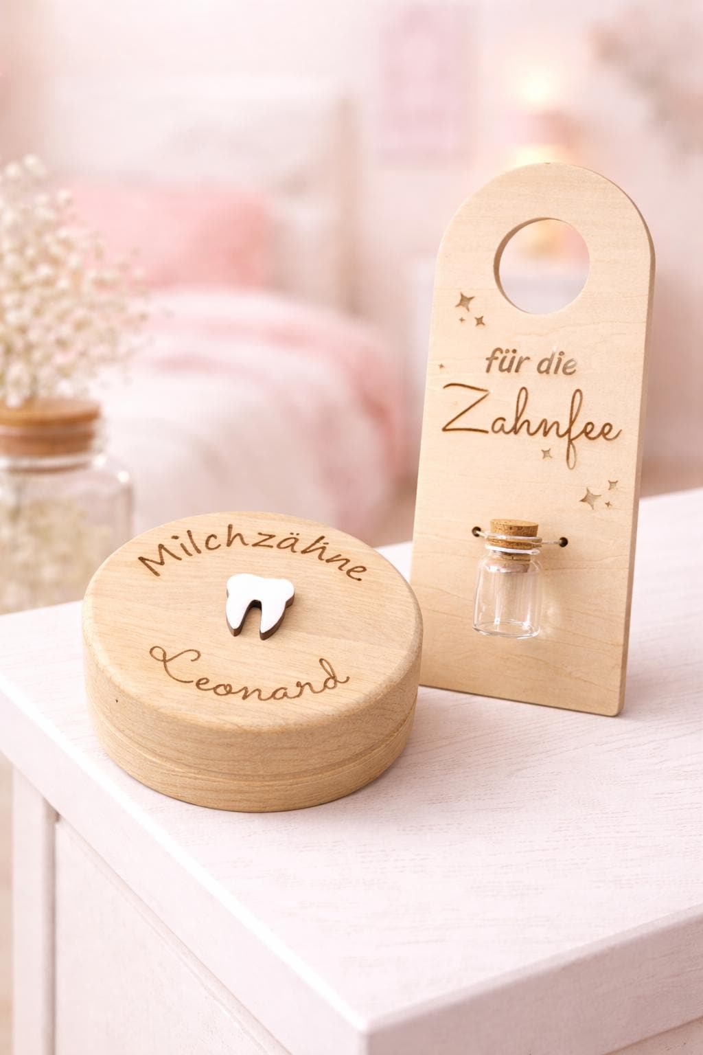 Milchzahnbox mit Türschild für die Zahnfee, personalisierter Name, Auf