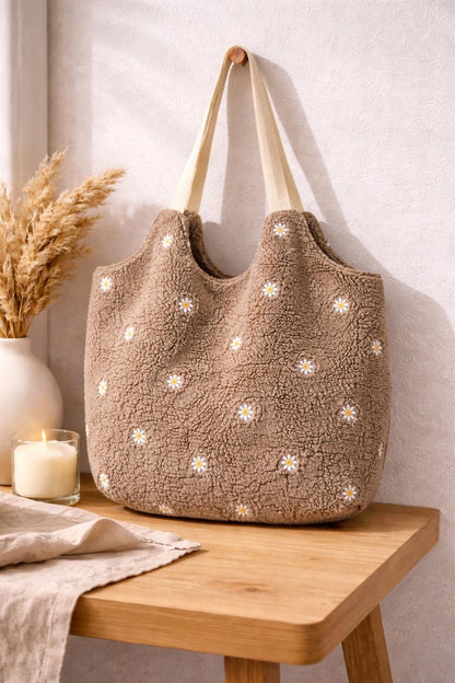 Teddybag | Große Stofftasche mit Innenfach | Teddy Tasche Damen Leo Shopper Handmade | Kuschelige Sherpa Bag Beige Leopard | Umhängetasche