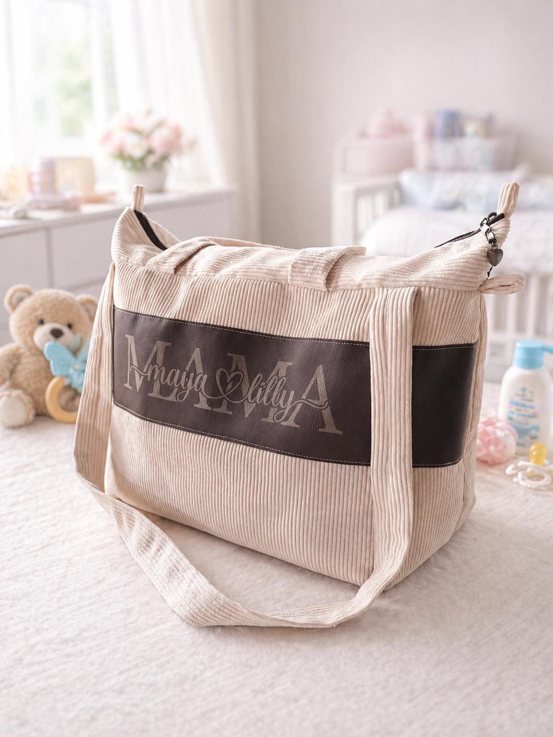 MABAG | Große Wickeltasche mit Wickelunterlage | personalisierte Mama Tasche | Cord Tasche wasserabweisend | Baby Tasche für Kinderwagen