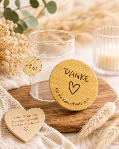 personalisierte Vorratsgläser mit Bambus-Deckel und Gravur (500ml), perfekte als Kita-Abschiedsgeschenk oder Hochzeitsgeschenk, Wunschtext