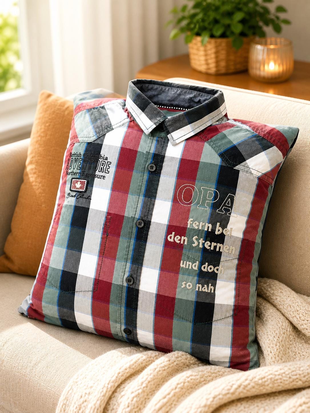 Erinnerungskissen aus Hemd | T-Shirt | Kissen personalisiert mit Stickerei | Geschenk für Opa Papa | Andenken aus Kleidung | Unikat handmade