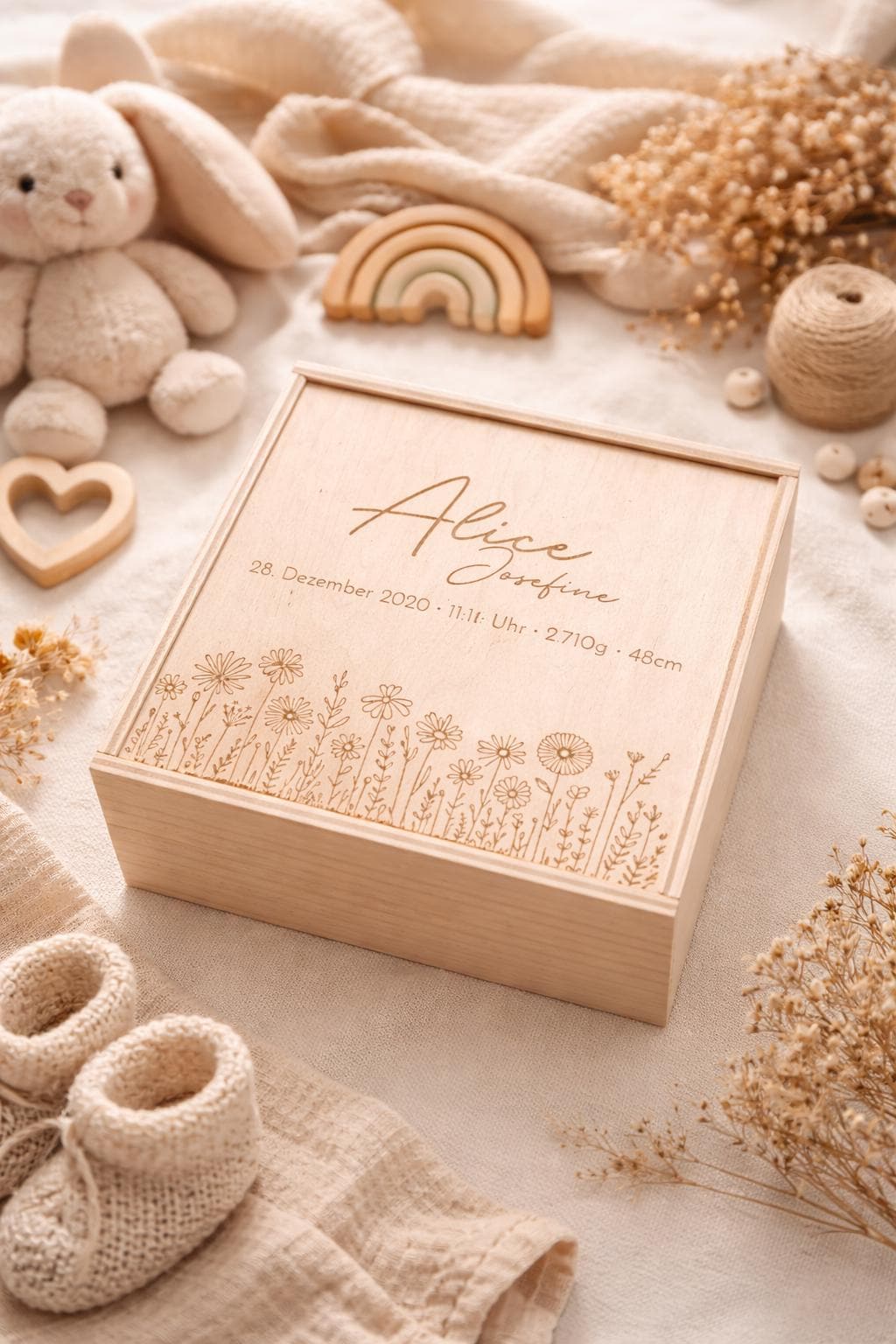 Memory-Box I Erinnerungskiste I Personalisierbar I Wunschmotiv I Name I Baby I Hochzeit I Taufe I Holzkiste mit Schiebedeckel I Babyshower