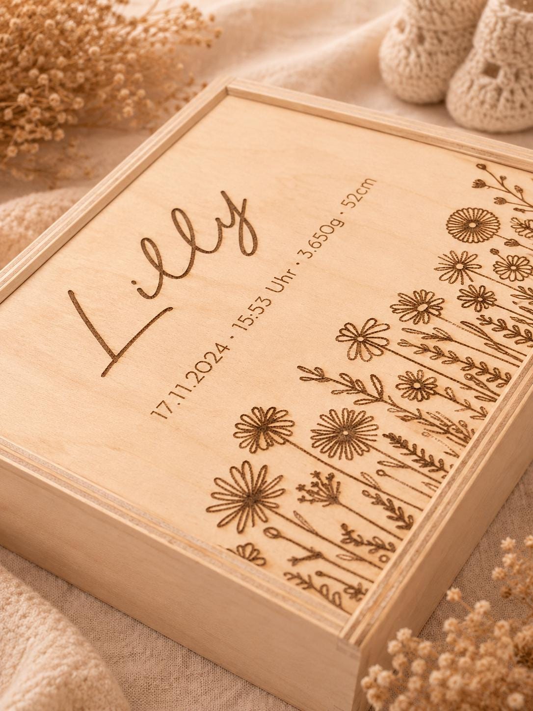Memory-Box I Erinnerungskiste I Personalisierbar I Wunschmotiv I Name I Baby I Hochzeit I Taufe I Holzkiste mit Schiebedeckel I Babyshower